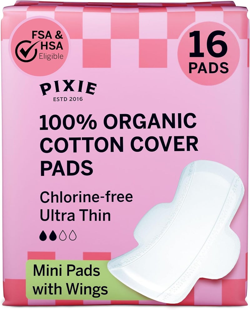 Pixie Cup Pixie Organic Cotton Ultra Thin Mini Pads Teens - Liners with Wings - Light Absorbency Menstrual Pads - Hypoallergenic, Unscented & Biodegradable for Feminine Care - FSA Eligible - 16 Count - Image 1